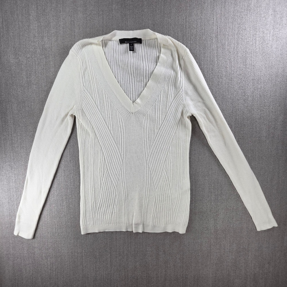 White House Black Market Sweater Women L White V-Neck Ribbed Cashmere Blend 1322